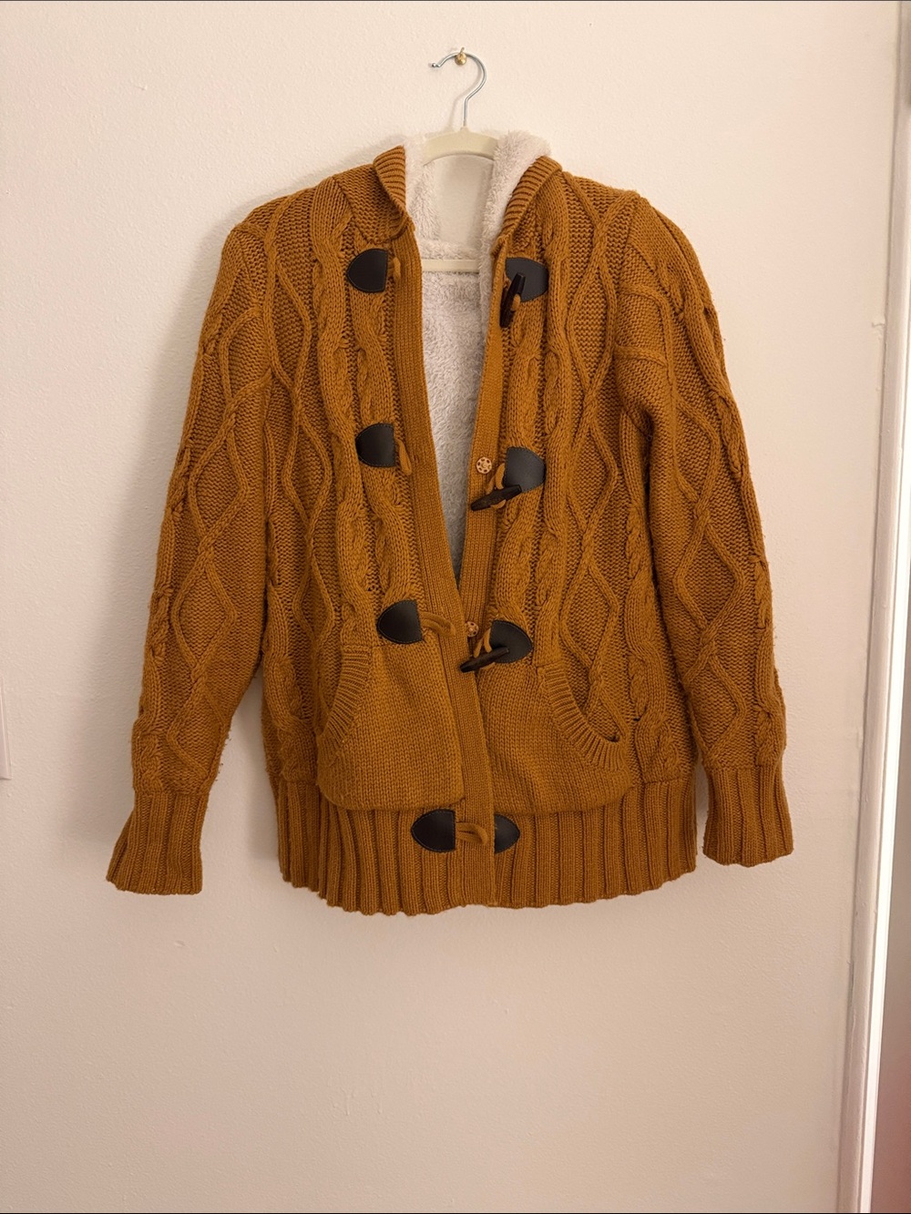 Cozy Cable-Knit Hooded Toggle Sweater - Mustard